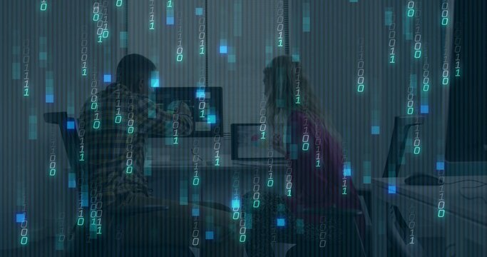 Working coworkers in plaid and maroon tops at dim office desks, with laptop and binary overlay
