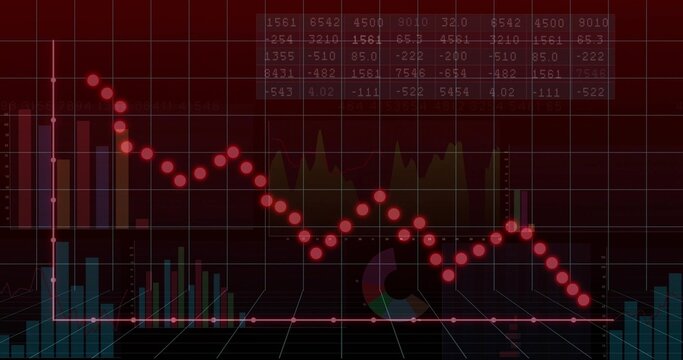 Displaying descending red line with markers trending downward on screen, with teal bars, 3D grid - Powered by Adobe