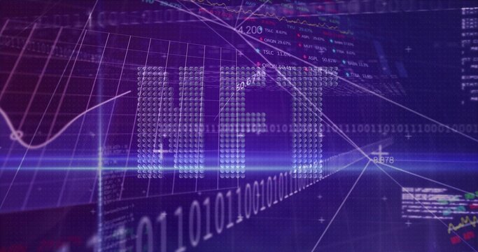 Displaying dotted IPO lettering in virtual dashboard, showing binary, graphs, candlesticks - Powered by Adobe