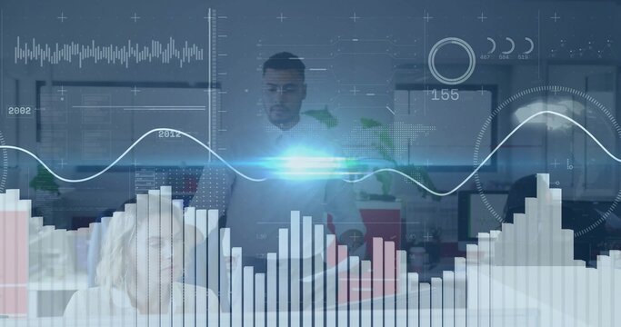 Analyzing team of four reviewing dashboards at office space, wearing collared shirts, AR overlays