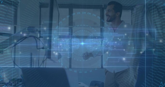 Smiling man in light shirt standing at right in clinic, holographic HUD, white coat, stethoscope