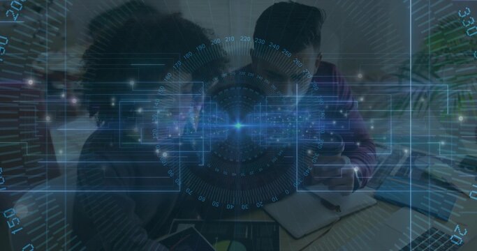 Collaborating colleagues in dark and maroon tops leaning over phone and notebook at office with HUD