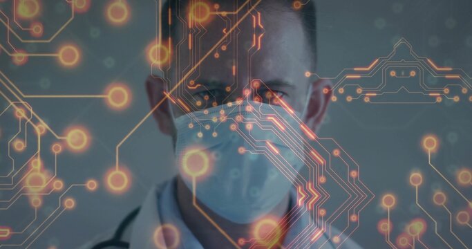 Facing male doctor wearing surgical mask, white coat, stethoscope at clinic showing circuit nodes - Powered by Adobe