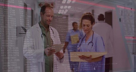 Checking white coat doctor and nurse in blue scrubs sharing notes in corridor, tablet, code overlay