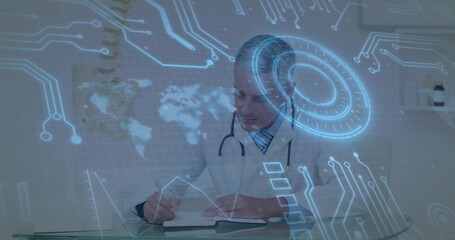 Writing doctor at clinic desk, wearing lab coat, stethoscope, using pen, notebook with AR graphics