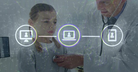 Listening doc white-coat using stethoscope on child at exam-table, light-sweater, braids, icons