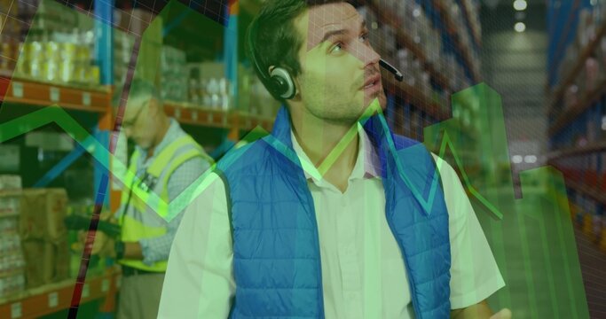 Inspecting man in blue vest and headset checking warehouse shelving with scanner and data overlays - Powered by Adobe