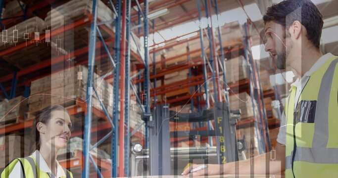 Writing male worker on right wearing safety vest holding clipboard in aisle with pallet racking - Powered by Adobe