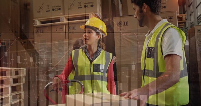 Holding pallet jack, depot workers wearing hardhat and hi-vis vests moving boxes with chart overlay