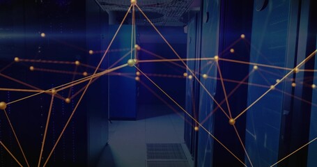 Showing central server racks in data center with mesh doors, LEDs, vent, cable tray, orange nodes © vectorfusionart