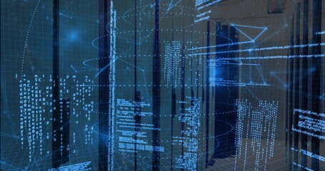 Glowing glass-front server racks casting blue code overlay in data center, with LED lights, cables