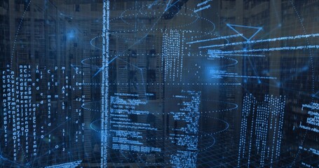 Projecting holographic data display wrapping server racks in data center, showing LEDs and cables