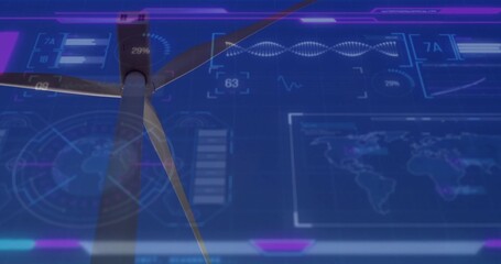 Naklejka premium Monitoring wind turbine hub and blades in virtual dashboard, showing radar, charts, readouts
