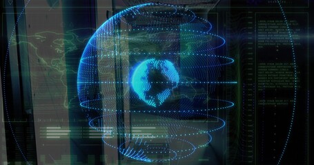 Projecting holographic point-cloud globe showing orbital rings in dark control room, with telemetry