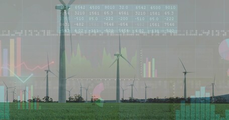 Displaying wind turbines with three-blade rotors rotating over grassy field, showing chart overlays