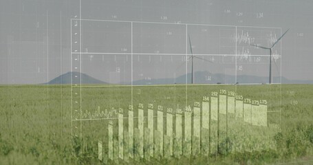 Displaying green cereal field on rural plain, overlaying faint 3D chart, grid lines, three turbines