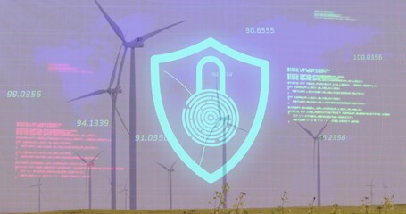 Showing HUD shield with padlock print over wind turbines on grass plain, showing code readouts