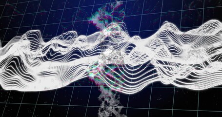 Undulating bright waveform ribbon flowing across virtual 3D grid, showing smoky glitch column
