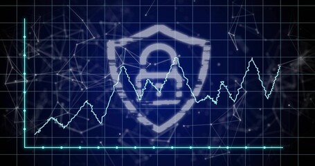 Displaying shield-shaped padlock overlaying neon cyan jagged graph on cyber dashboard, showing grid