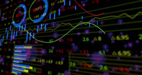 Displaying dark trading dashboard showing colored line charts, blue candlesticks, hex icons