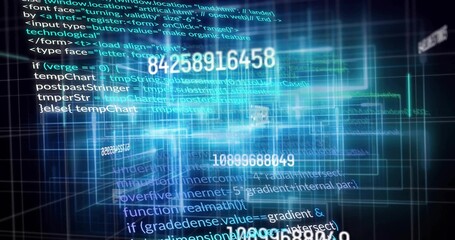 Fototapeta premium Glowing central data cluster streaming code and numeric overlays in navy virtual grid with planes