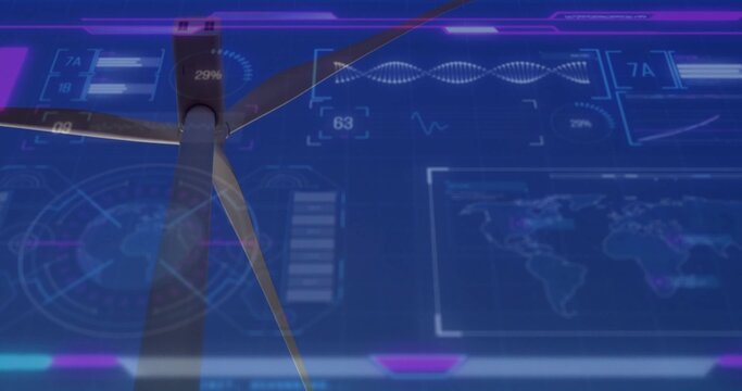 Monitoring wind turbine hub and blades in virtual dashboard, showing radar, charts, readouts