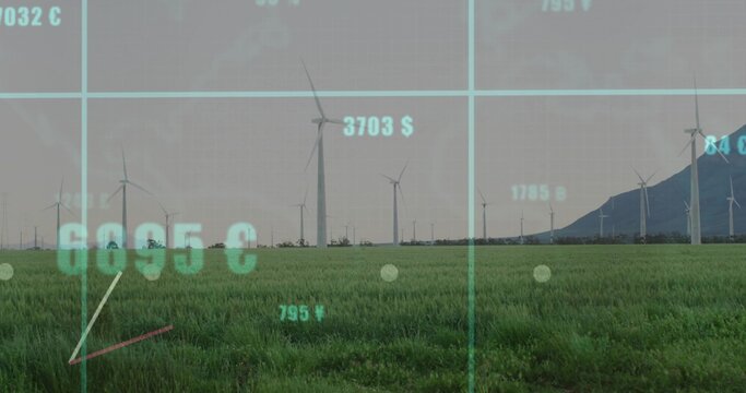 Displaying wind farm showing spinning turbines on grassy plain, teal HUD, € $ ¥, red pointer - Powered by Adobe