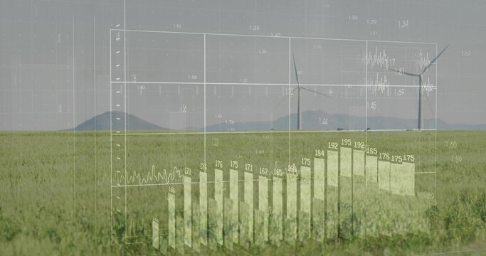 Displaying green cereal field on rural plain, overlaying faint 3D chart, grid lines, three turbines - Powered by Adobe