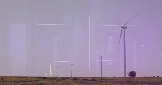 Displaying five wind turbines standing on grassland with data overlay, lone tree, low scrub
