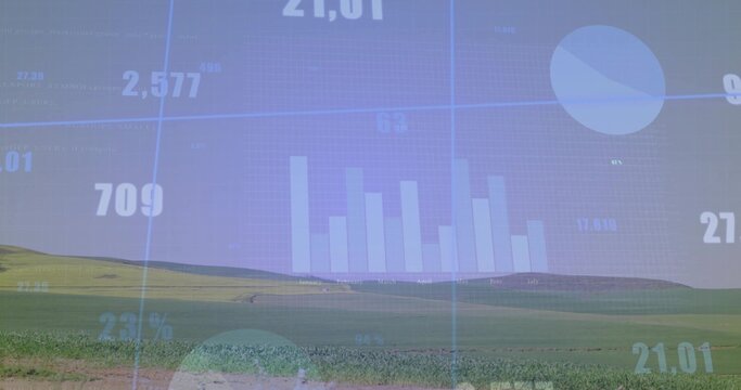 Projecting data overlay over rolling farm, showing center bar and upper-right pie, numbers, horizon