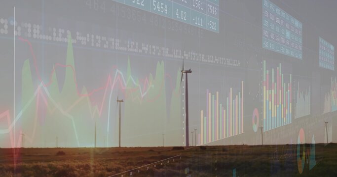 Displaying prominent wind turbine tower standing on flat plain at sunset, with guardrail and data - Powered by Adobe