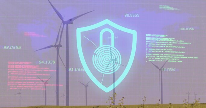 Showing HUD shield with padlock print over wind turbines on grass plain, showing code readouts
