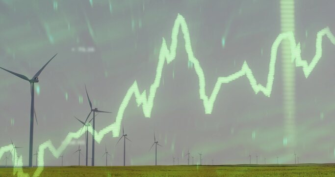 Displaying neon-green chart overlay with streaks over grassy plain at wind farm, turbines receding