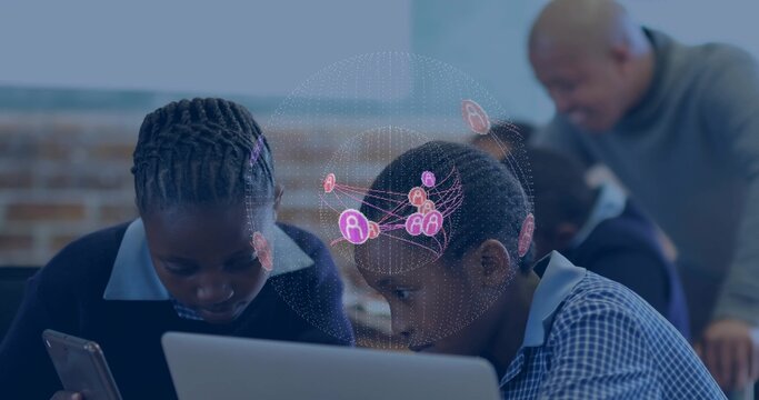 Watching 2 pupils collared-shirts dark-sweater using laptop smartphone in classroom with AR overlay