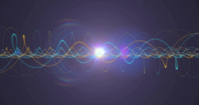 Pulsing band of colorful waveforms weaving across studio, emitting lens flare and halo rings
