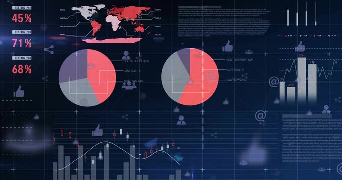 Displaying analytics console on corporate monitor, showing two pie charts, world map, 45%,71%,68% - Powered by Adobe