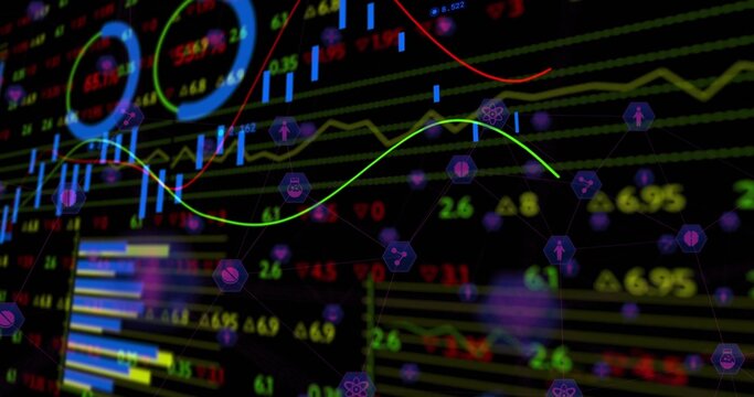 Displaying dark trading dashboard showing colored line charts, blue candlesticks, hex icons