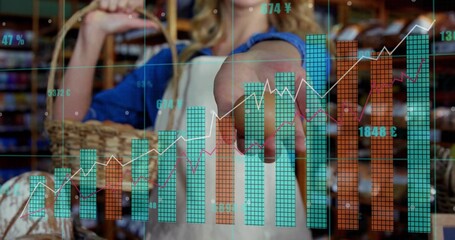 Reaching, blue-top woman in light apron holding woven-basket in market showing financial overlay