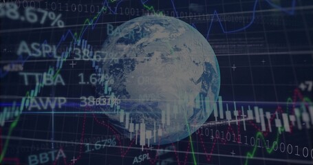 Displaying Earth globe over market data on dark grid, overlaying candlesticks, tickers, binary