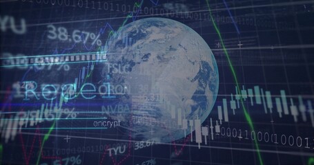 Displaying clear Earth globe on dark-grid dashboard, showing candles, line graphs, binary, encrypt