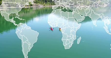 Fototapeta premium Paddling two kayakers across calm green lake with colorful kayaks, life jackets, world map overlay