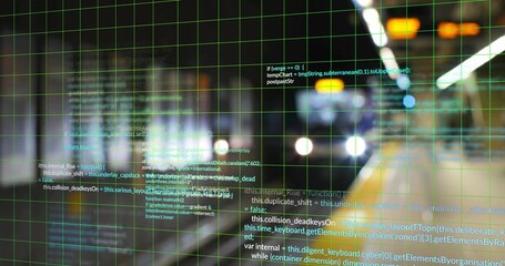 Fototapeta premium Displaying faint green grid overlay with floating code in subway tunnel, twin headlights glaring