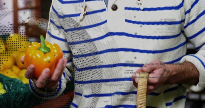 Man in striped sweater selecting orange bell pepper and gripping basket handle at market stall