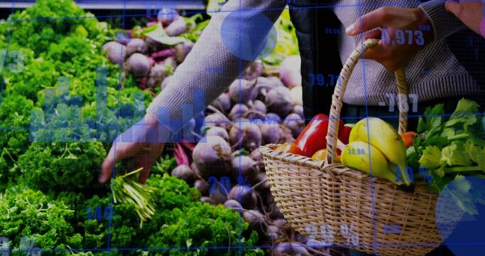Picking shoppers choosing kale at market, holding wicker basket with peppers celery beets overlay - Powered by Adobe