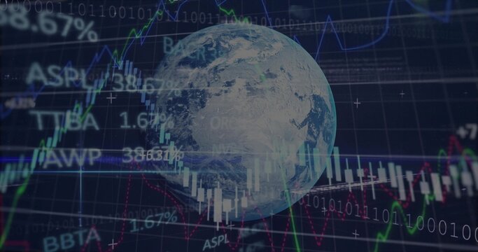 Displaying Earth globe over market data on dark grid, overlaying candlesticks, tickers, binary