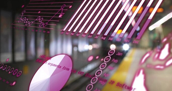 Floating pale magenta data overlays on subway platform showing charts near yellow tactile strip - Powered by Adobe