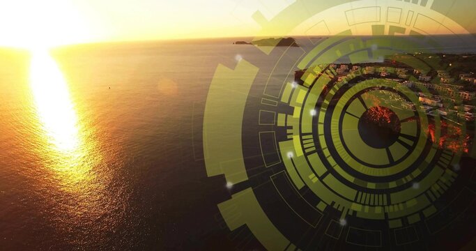 Displaying circular HUD overlay hovering over coastal settlement during sunset glare, copy space - Powered by Adobe