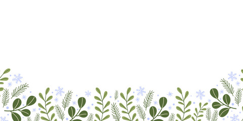 Green foliage and snowflakes create a festive winter background with mistletoe and pine elements