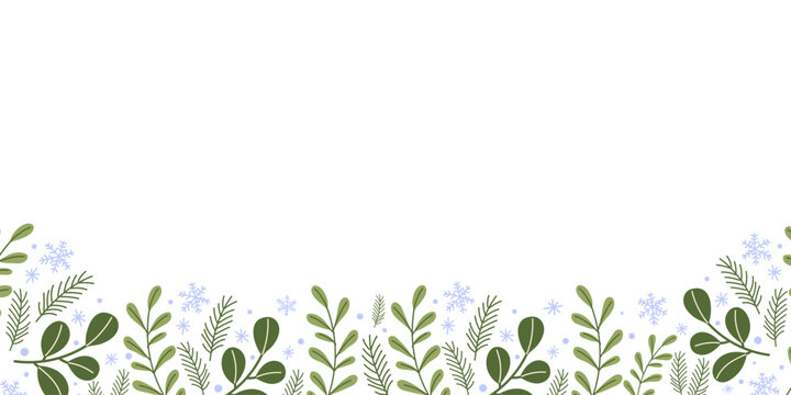 Green foliage and snowflakes create a festive winter background with mistletoe and pine elements