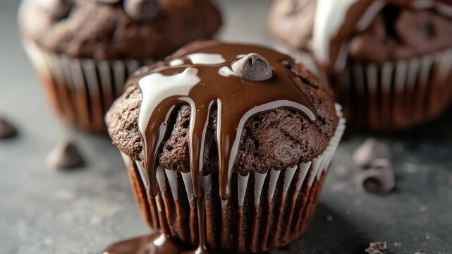 A delicious-looking chocolate muffin on a table, perfect for a snack or dessert